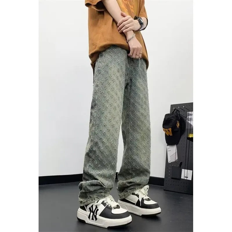 sanyamk Jacquard Pattern JEANS MEN 2024 NEW Denim Pants Male Straight Fitting Baggy Bottoms Distressed Wide Jeans For Men