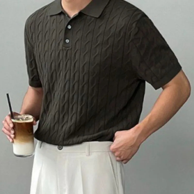 sanyamk - New Summer Loose Men's T-shirts Casual Turn-down Collar Short Sleeve Knitting Buttons Male Clothing Fashion 2024 9C6225