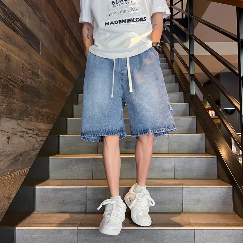 sanyamk Zipper Patchwork Jeans Shorts Men Harajuku Streetwear Denim Shorts Hip Hop Summer Casual Loose Straight Shorts Clay Yellow