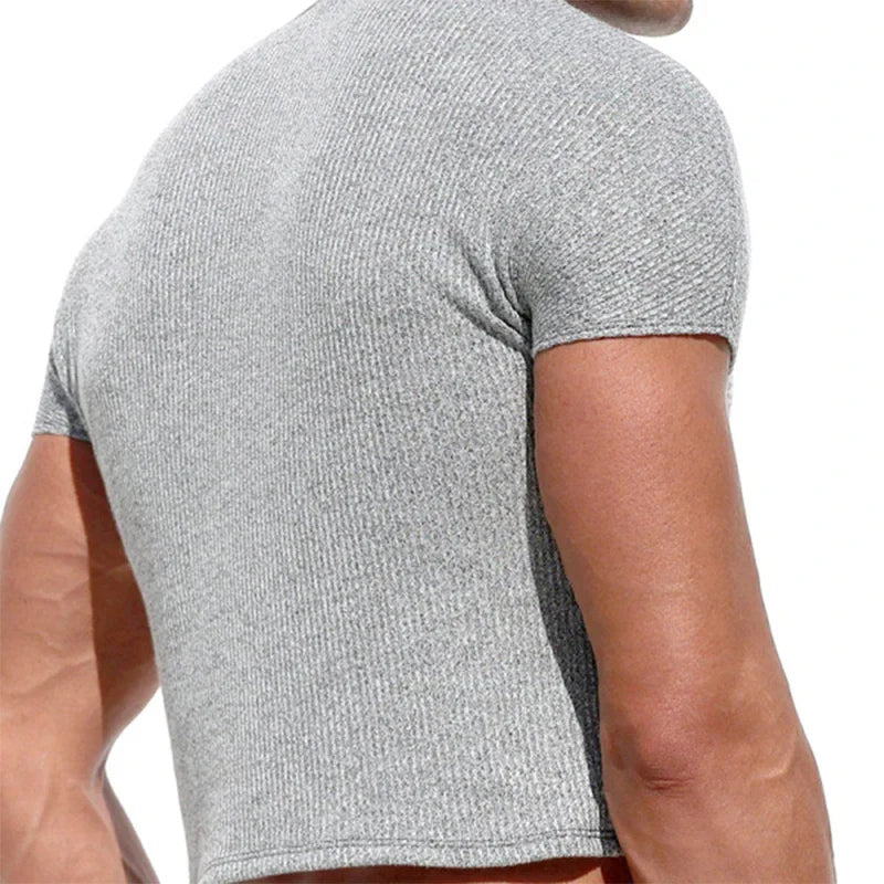 sanyamk - Summer Casual Solid Color Slim Crop Tops Men Short-sleeve O Neck Short T-shirts Sexy Mens Beach Clothes Fashion Ribbed Man Tees