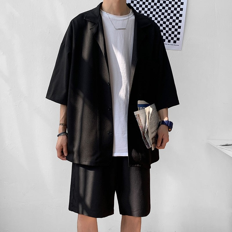 sanyamk Korean Style Men's Set Suit Jacket and Shorts Solid Thin Short Sleeve Top Matching Bottoms Summer Fashion Oversized Clothing Man