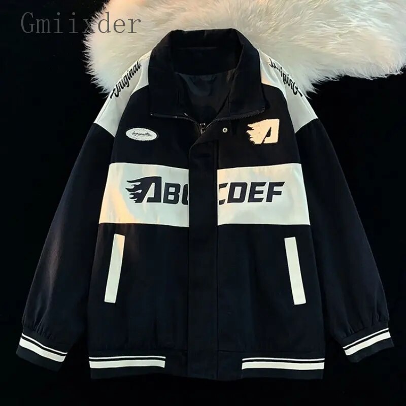 Bonsir American Vintage Racing Jacket Men Cycling Lapel Jacket Women BF Letter Varsity Coat Oversize High Street Vibe Baseball Uniform