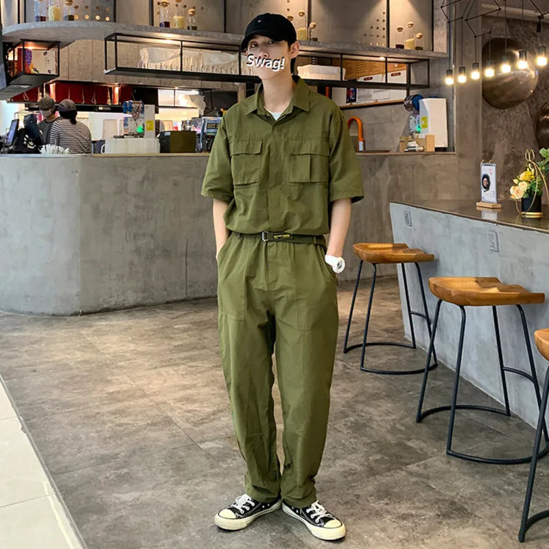 Bonsir - Mens Cargo Overalls Solid Color Lapel Short Sleeve Casual Jumpsuits Multi Pockets Loose Streetwear Rompers with Belt
