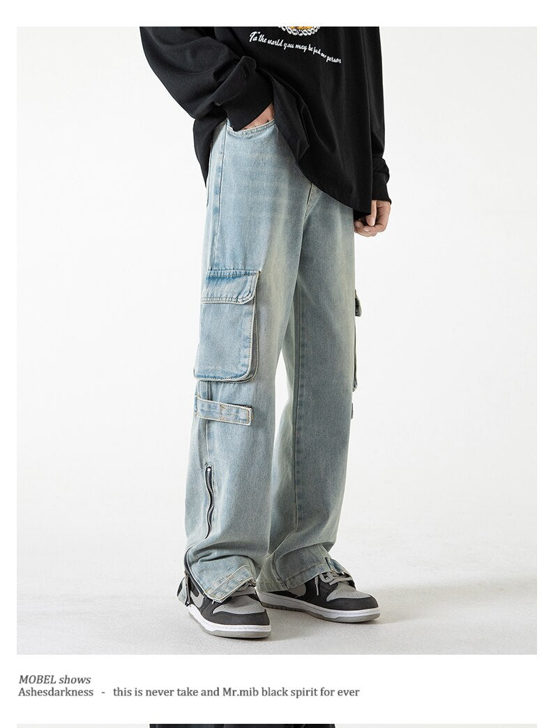 Bonsir Baggy Cargo Jeans big pocket Trousers Male Denim Pants Flared Pant women's Jeans Loose Casual Streetwear Hip Hop Harajuku