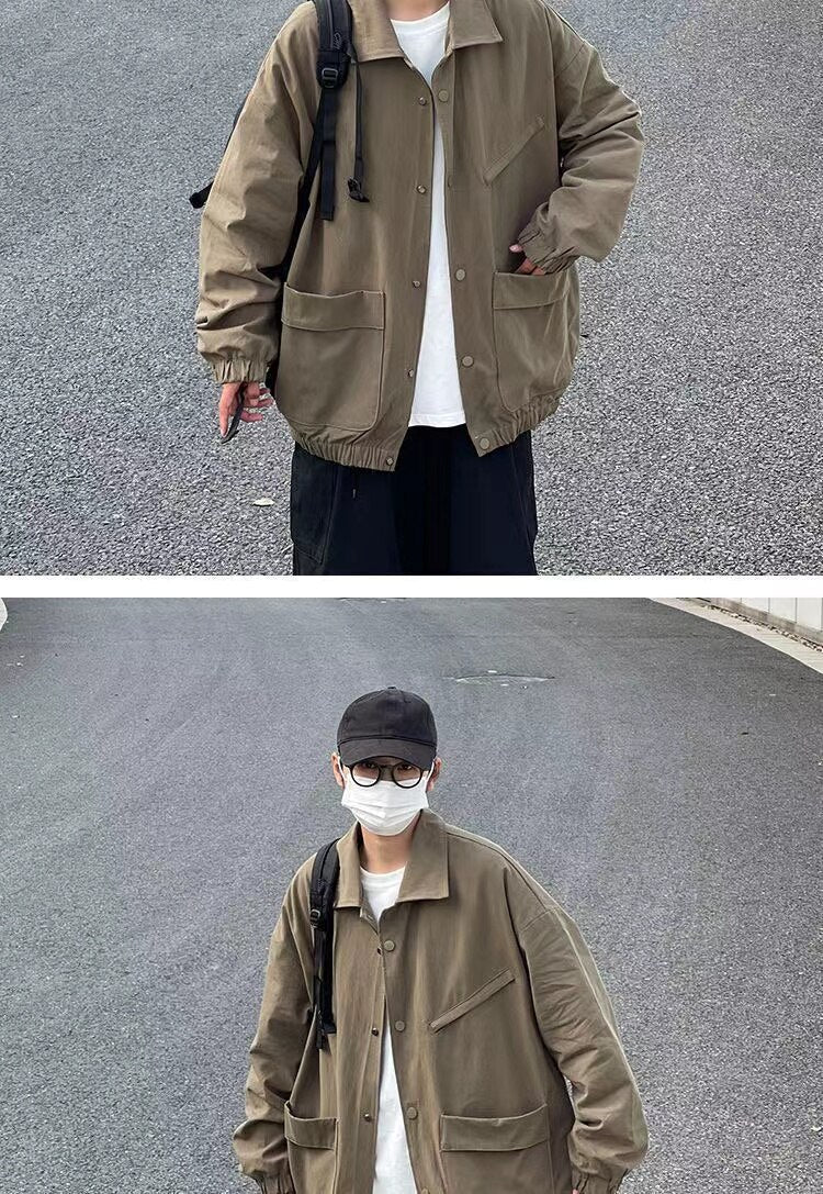 sanyamk Men's Japanese Vintage Lapel Collar Cargo Jackets Work Clothes Harajuku Loose Casual Coats Solid Color Outerwear M-2XL