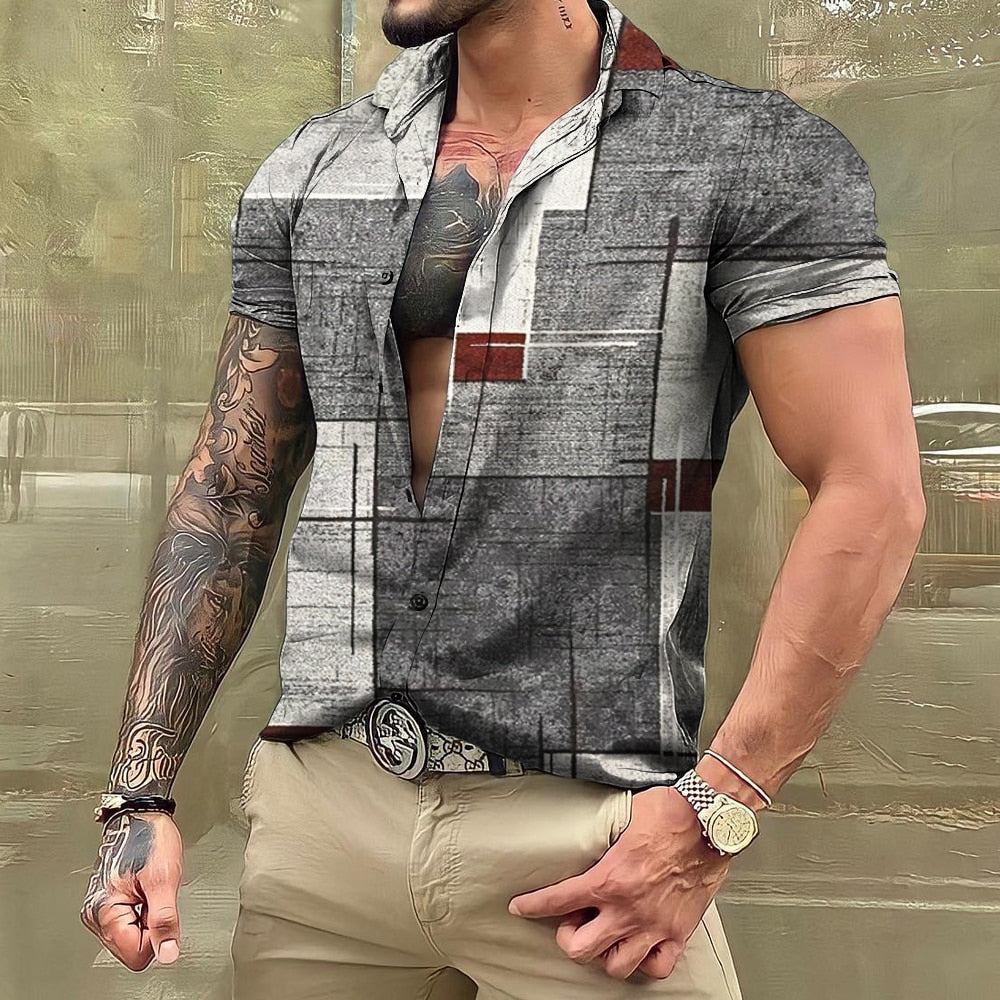 Bonsir Vintage For Men Shirts Patchwork 3d Print Camisas Lapel Oversized Short Sleeve Tops Streetwear Summer Male Hawaiian Shirt Tees
