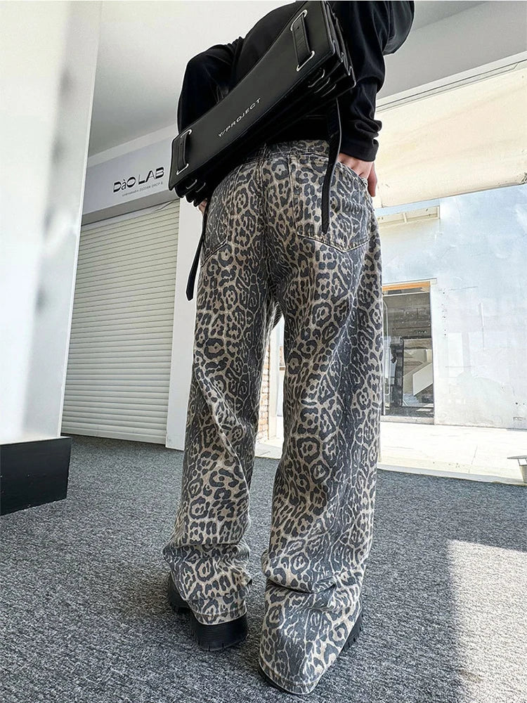 sanyamk Leopard Jeans for Men Denim Pants Male Oversize Wide Leg Trousers Streetwear Hip Hop Vintage Animal Print Loose Casual