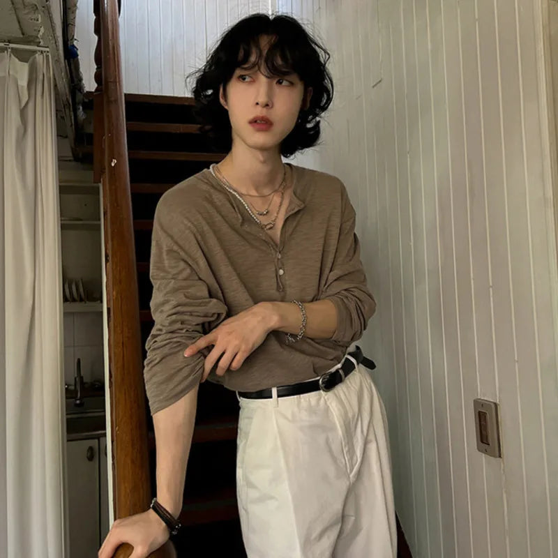 sanyamk - Korean Style Men's T-shirts Loose Button Design Pullover Tops Casual Solid Color Long Sleeve Male Tees Simple New 9C6913