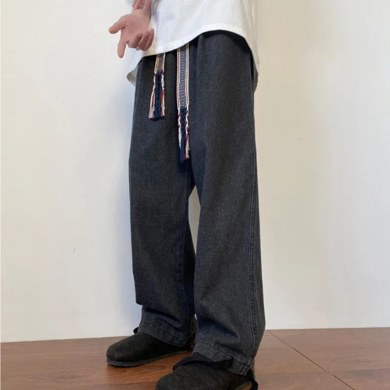 BONSIR - New Fashion Men Jeans Vintage Hip Hop Denim Pants Ethnic Pattern Drawstring Male Straight Loose Streetwear Baggy Cowboy Trousers