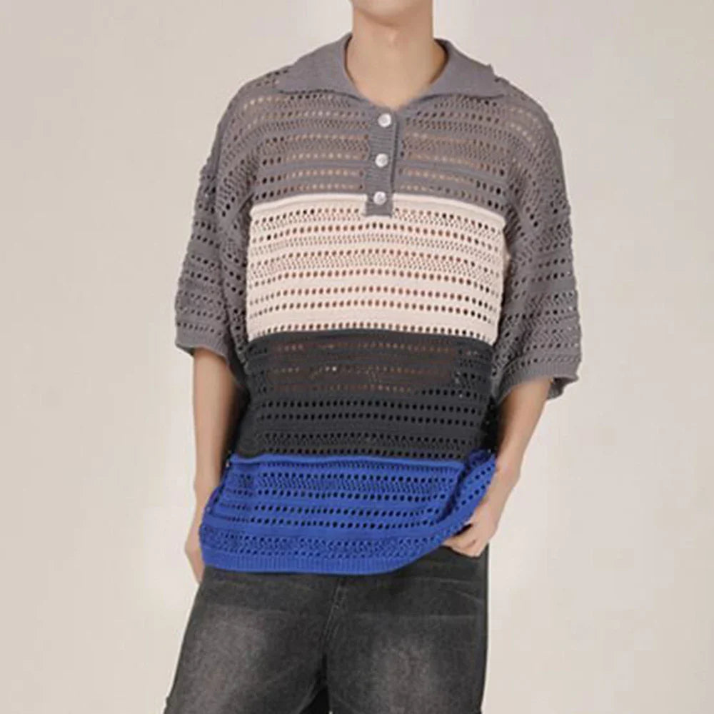sanyamk Men Luxury Knit Polo Shirt Breathable Casual Hollow Out T Shirt Fashion Turn-down Rainbow Striped Short Sleeve Fishnet Tops Tees