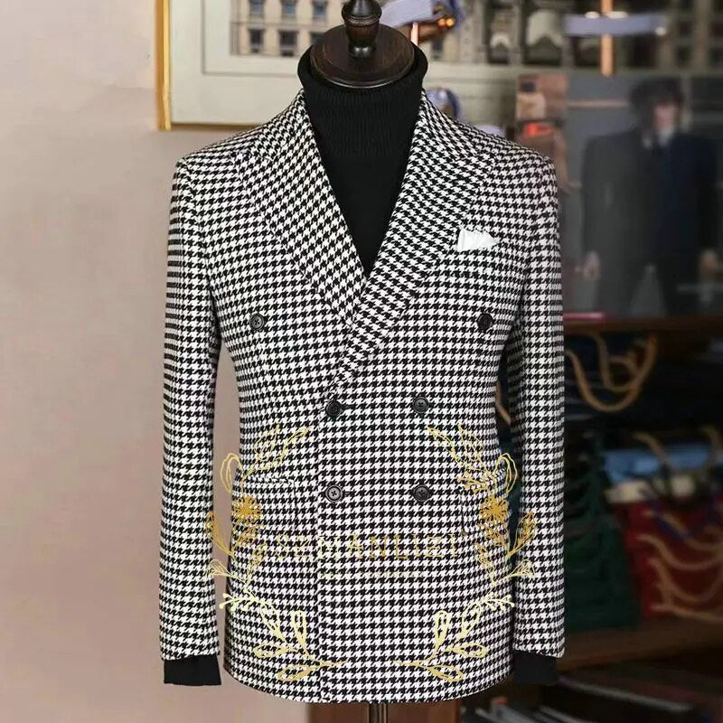 sanyamk Double Breasted Houndstooth Blazer for Men Peaked Lapel Custom Made Wedding Suit Jacket Male Fashion Coat