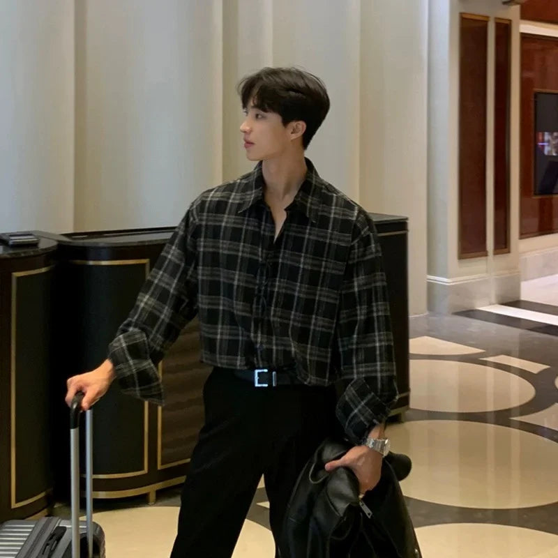 sanyamk Korean Plaid Shirt Men Oversized Fashion Retro Casual Shirt Men Streetwear Loose Long Sleeved Shirt Mens Black Vintage Shirts