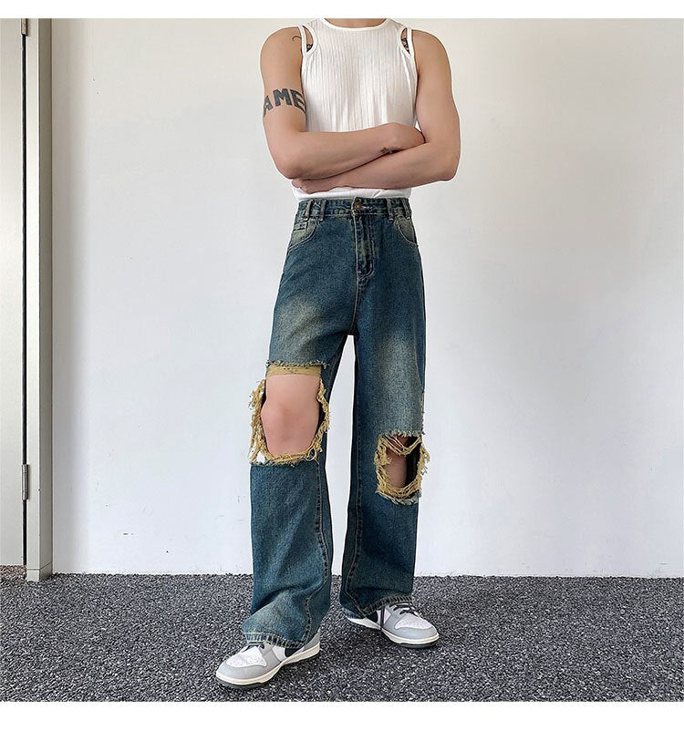 Bonsir Summer Men's Worn Out Jeans Vintage Distressed Hole Wide Leg Denim Straight Pants Korean Personality Casual Srteet