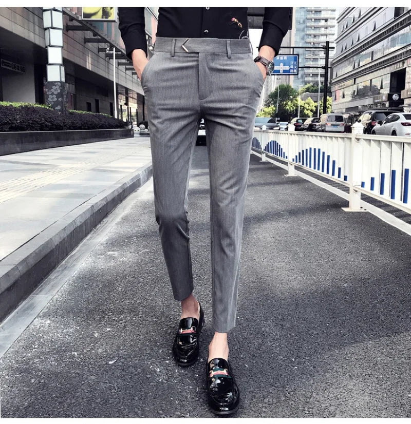 sanyamk - British Style Suit Pants Men Dress Pants Social Slim Fit Office Trousers Men Grey Spring New Striped Belt Trousers Men's