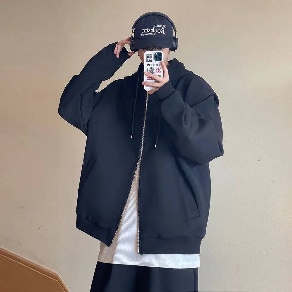 sanyamk - Autumn Korean Version Short Hoodies Sweatshirts for Men Cotton Solid Color Loose Sports Casual Zipper Cardigan Couple Hoodie