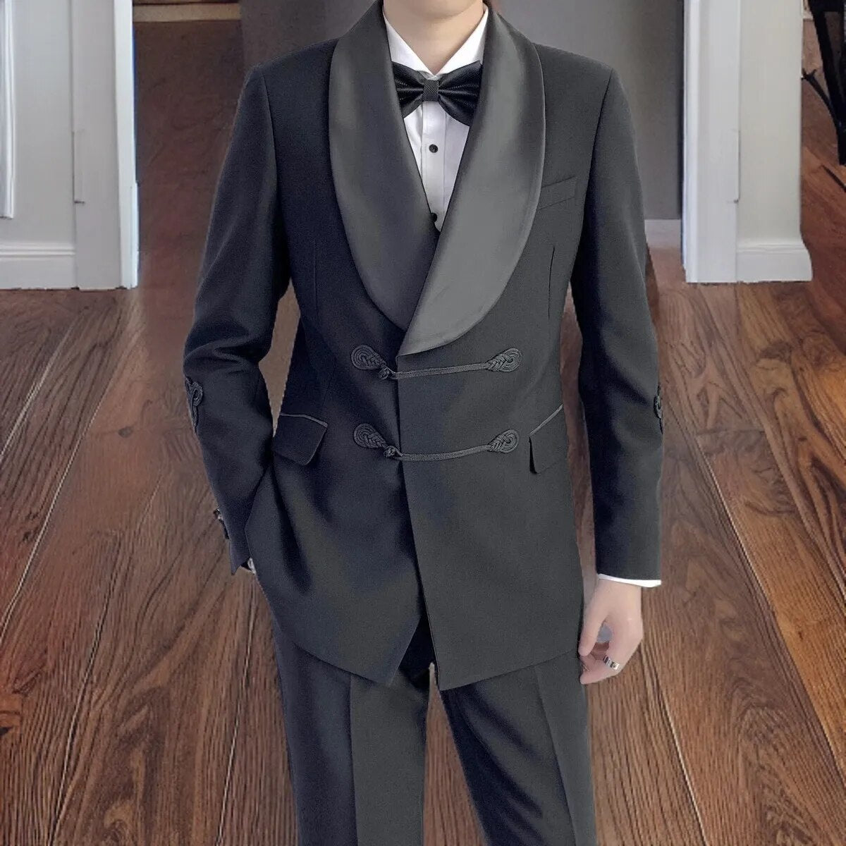 sanyamk Formal Wedding Groom Tuxedo With Chinese Knot Black Shawl Lapel Men Suits Double Breasted Slim Fit Blazer 2 Pcs (Jacket + Pants)