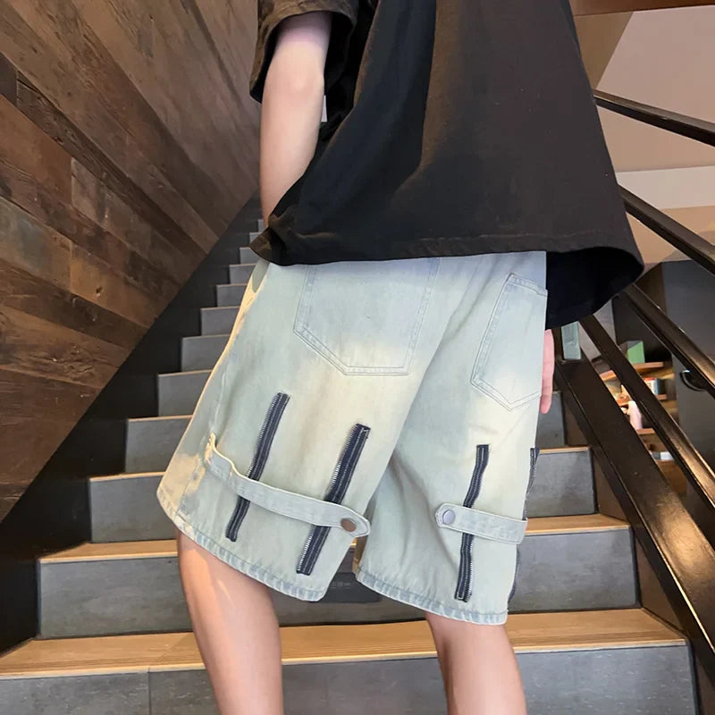 sanyamk Zipper Patchwork Jeans Shorts Men Harajuku Streetwear Denim Shorts Hip Hop Summer Casual Loose Straight Shorts Clay Yellow