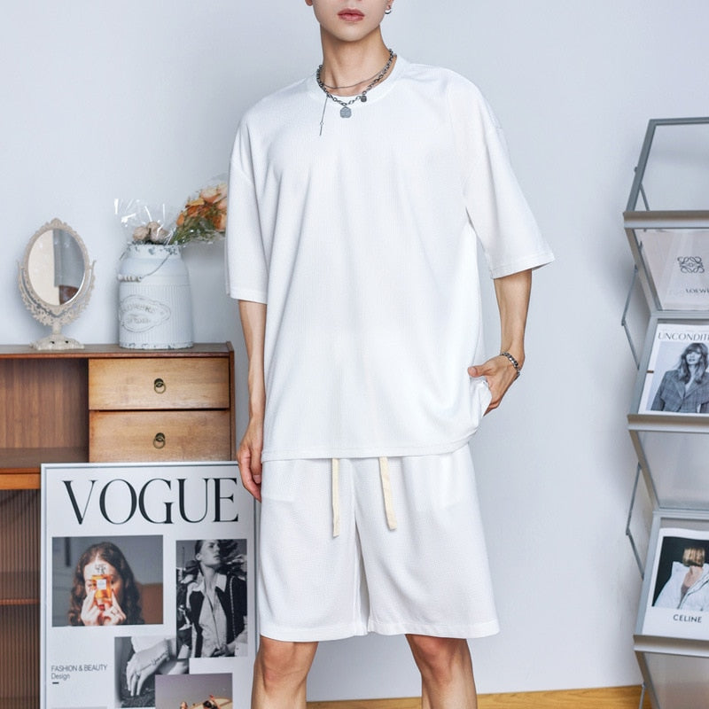 sanyamk Waffle Two Piece Set Men Short Sleeve O-neck T shirts And Shorts Casual Sports Suits 2023 Summer Fashion Mens Tracksuit Outfits