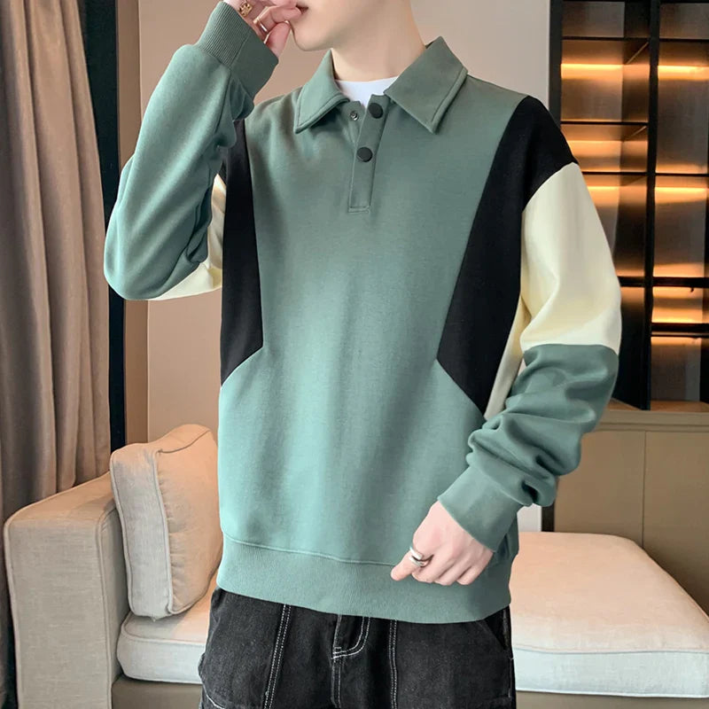 BONSIR - Men's Hoodies Spring and Autumn New Stand Collar Button Patchwork Trendy Pullover Loose Long Sleeved Casual T-shirt Tops