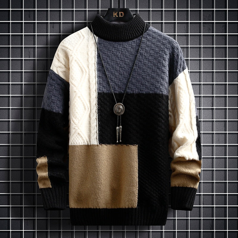 Bonsir autumn and winter new sweater warm fashion stitching color matching pullover round neck sweater thickened knitted sweater