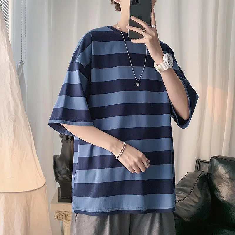 sanyamk - Printing Round Neck Spring Summer T-Shirts Simplicity Striped Handsome Short Sleeve Pullovers Loose Streetwear Men's Clothing