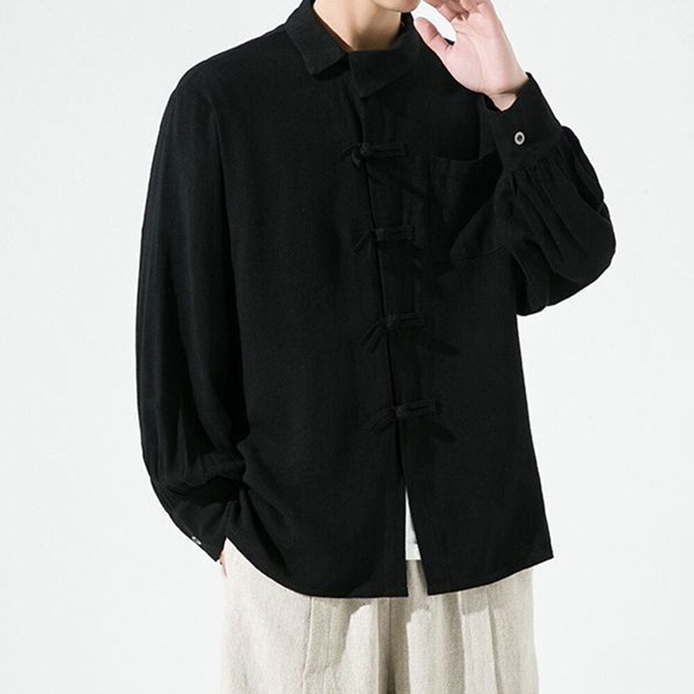 sanyamk Chinese Style Men's Buttoned Cotton and Linen Shirt Loose Retro Style Chinese Style Linen Tang Suit Zhongshan Long-sleeved Shirt