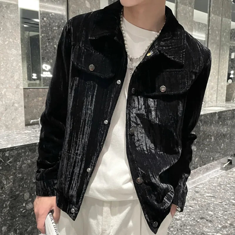 BONSIR - Autumn Winter Steetwear Windbreaker Pocket Outwear Ropa De Hombre Golden Velvet Trench Coat Casual Short Jacket Solid Color Coat