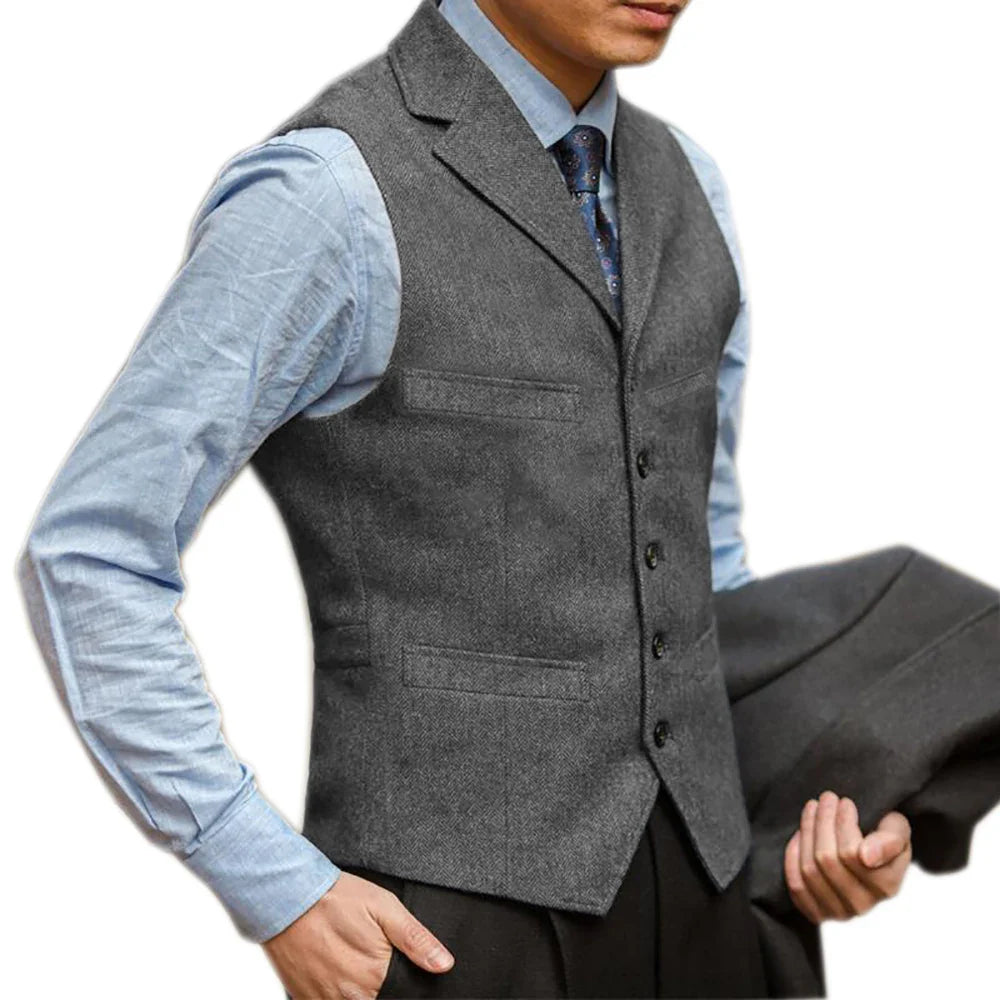 sanyamk Men Vest British Herringbone Tweed Suit Vest Business Formal Dress Waistcoat Notch Lapel Sleeveless Casual Suit Vests