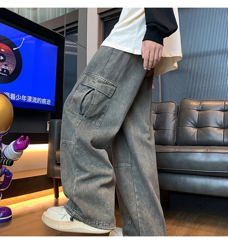 BONSIR - Multi-Pocket Washed Cargo Pants Men Women Y2K Vintage Streetwear Loose Oversized Straight Wide-Leg Jeans Dark Green/Purple