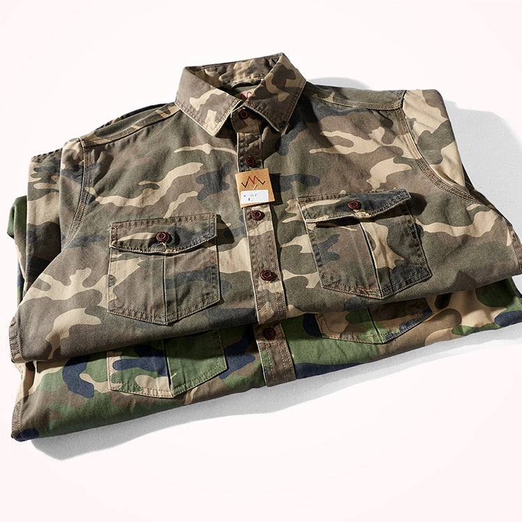 sanyamk Military Style Camouflage Shirt Men Spring Fall New Fashion Multi Pocket Cargo Blouse Vintage Casual Loose Versatile Cotton Tops