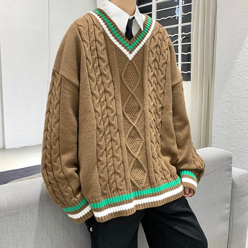 Bonsir Winter V-neck Sweater Men New Patchwork Color Knitted Sweater Pullover Harajuku Couple Streetwear Loose Knitwear Oversized 2XL