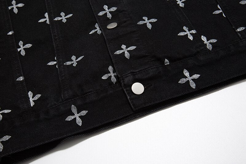 sanyamk High Street Full Cross Print Laple Black Jeans Coats for Men and Women Spliced Retro Hip Hop Autumn Casual Denim Jacket