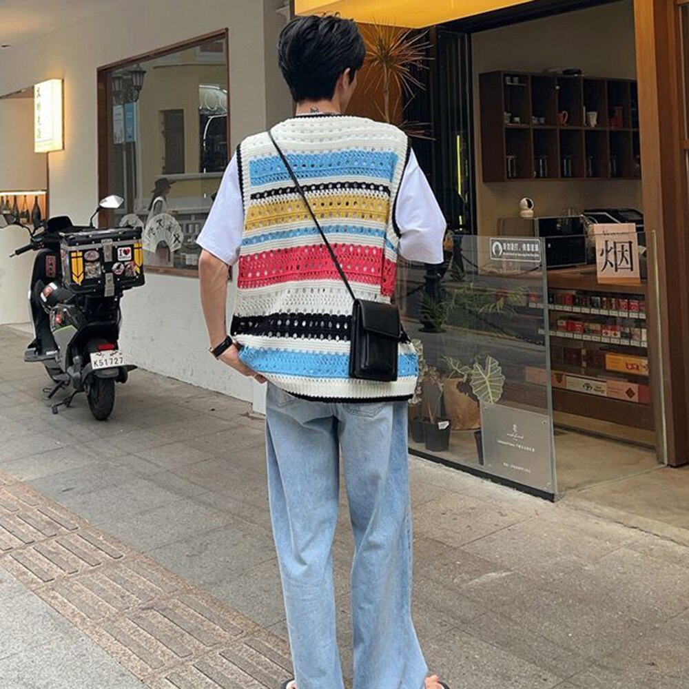 sanyamk Fashion Knitted Vest Y2k Streetwear Trend Hollow Sleeveless Top Men's Striped Contrast Color Loose Tank Tops Genderless Clothing