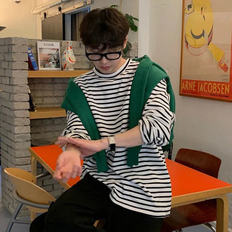 sanyamk - Minimalist Men's T-shirts Stripe Round Collar Long Sleeve Casual Tee Pullover Loose Male Tops Autumn Stylish 2024 9C6920