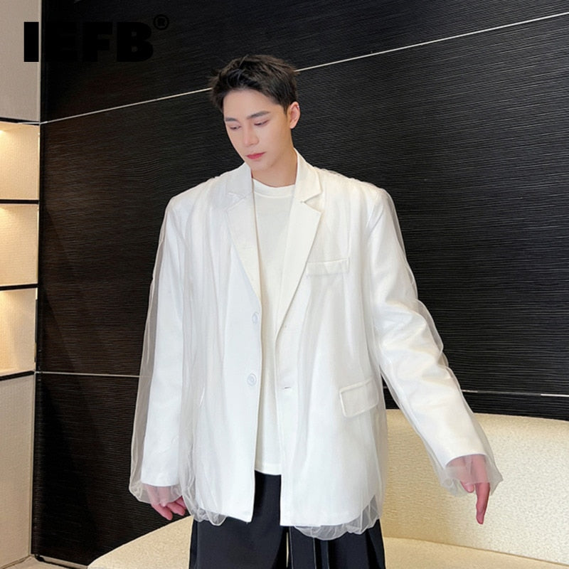 sanyamk IEFB New Trend Mesh Patchwork Suit Jacket Male Balzers Lapel Solid Color Niche Design Men's Clothing Single Breasted Top 9A7670