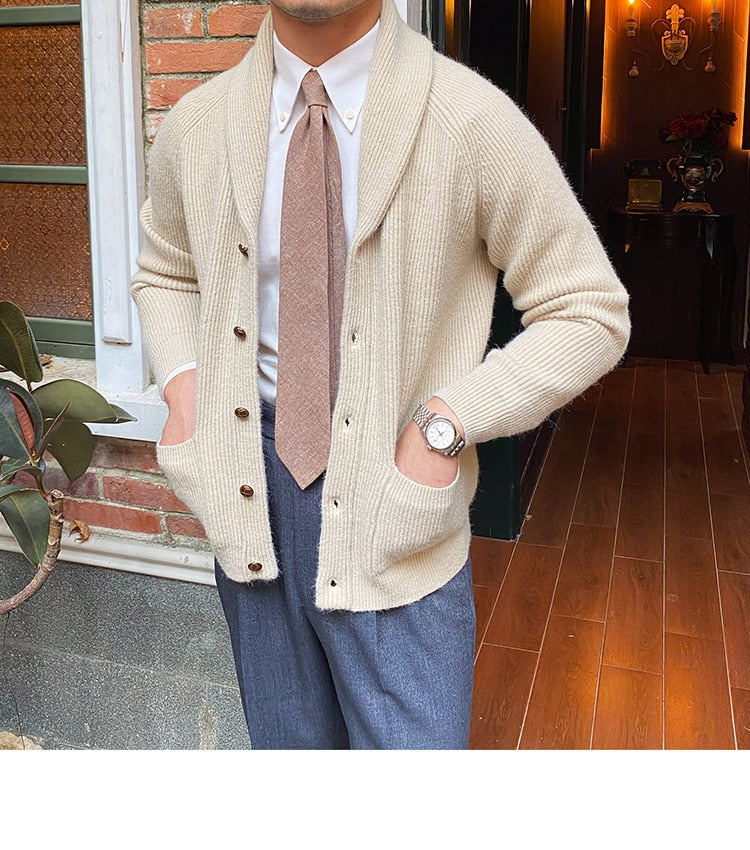 Bonsir Fall lapel Sweater Cardigan Men Knitting Pocket Sweaters Winter Warm Coat Men Single Breasted Top Cardigan Sexy Pleated Sweater