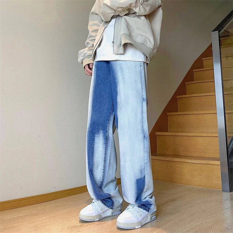 sanyamk Young Men's Tie-dye Loose Straight Jeans Street Hip-hop Baggy Wide-leg Pants Korean Style Fashion Skateboard Casual Pants
