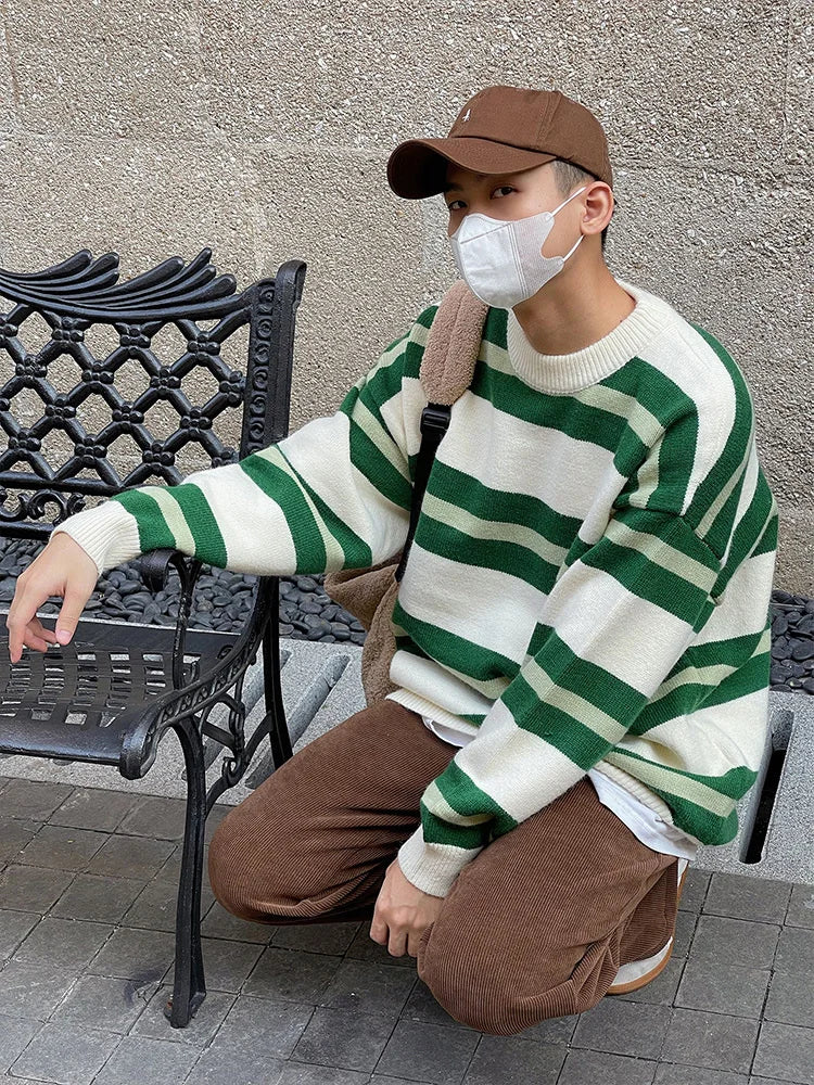 Bonsir - Green Loose Stripe Design Casual Sweater New Autumn Winter Korean Tide Men's Round Neck Kintting Tops Cvintage 2A0224