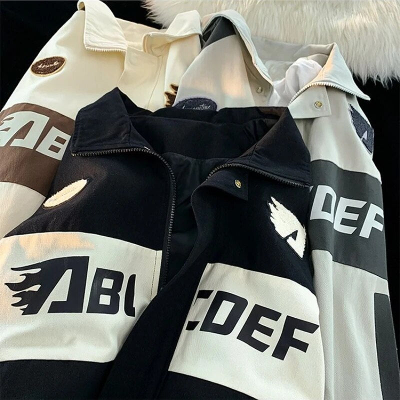 Bonsir American Vintage Racing Jacket Men Cycling Lapel Jacket Women BF Letter Varsity Coat Oversize High Street Vibe Baseball Uniform