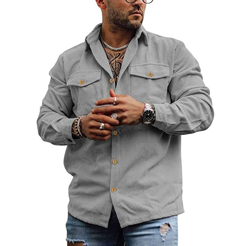 Bonsir Mens Corduroy Button Short Sleeve Shirt Spring Autumn Casual StreetwearWith Pockets Solid Color Shirt For Men Overcoat