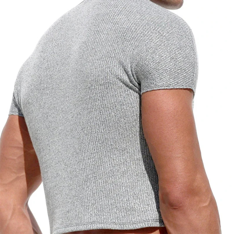sanyamk - Summer Casual Solid Color Slim Crop Tops Men Short-sleeve O Neck Short T-shirts Sexy Mens Beach Clothes Fashion Ribbed Man Tees