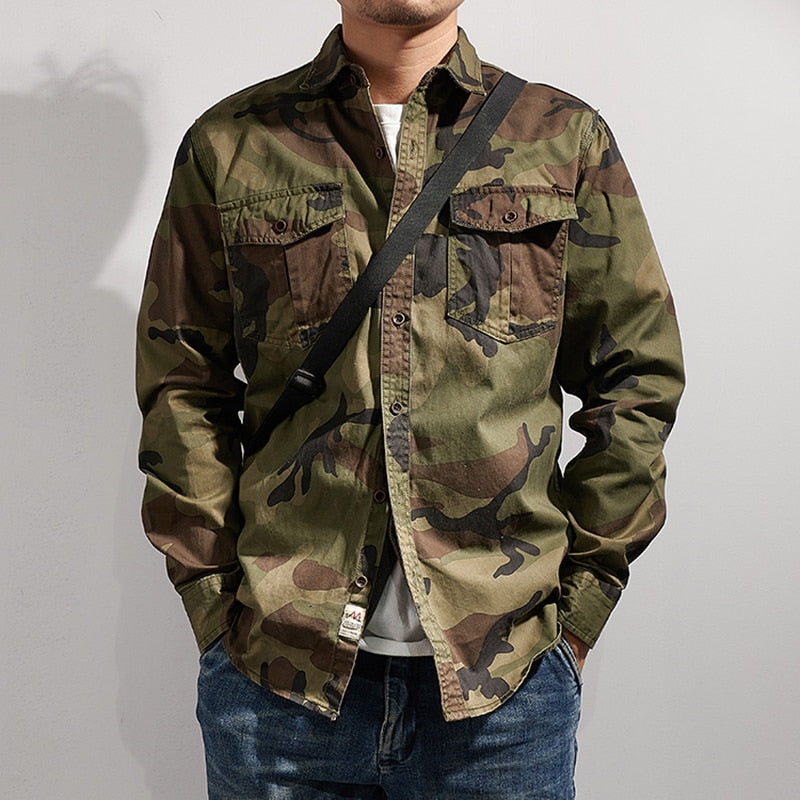 sanyamk Military Style Camouflage Shirt Men Spring Fall New Fashion Multi Pocket Cargo Blouse Vintage Casual Loose Versatile Cotton Tops