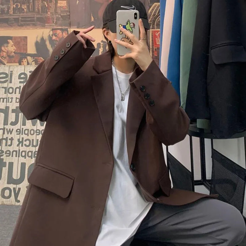 BONSIR - Korean Style Blazer Men Fashion Solid Color Business Casual Suit Jacket Men Streetwear Loose Dress Jackets Mens Formal Blazer