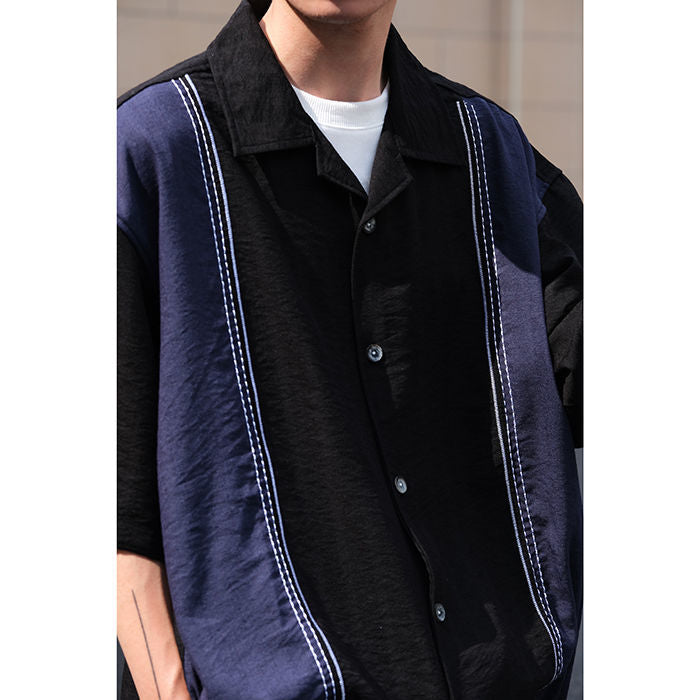 sanyamk Japanese Fashion Summer Niche Design Loose Patchwork Vintage Tshirt Men Contrast Color Cuban Collar Short sleeve Shirt Men