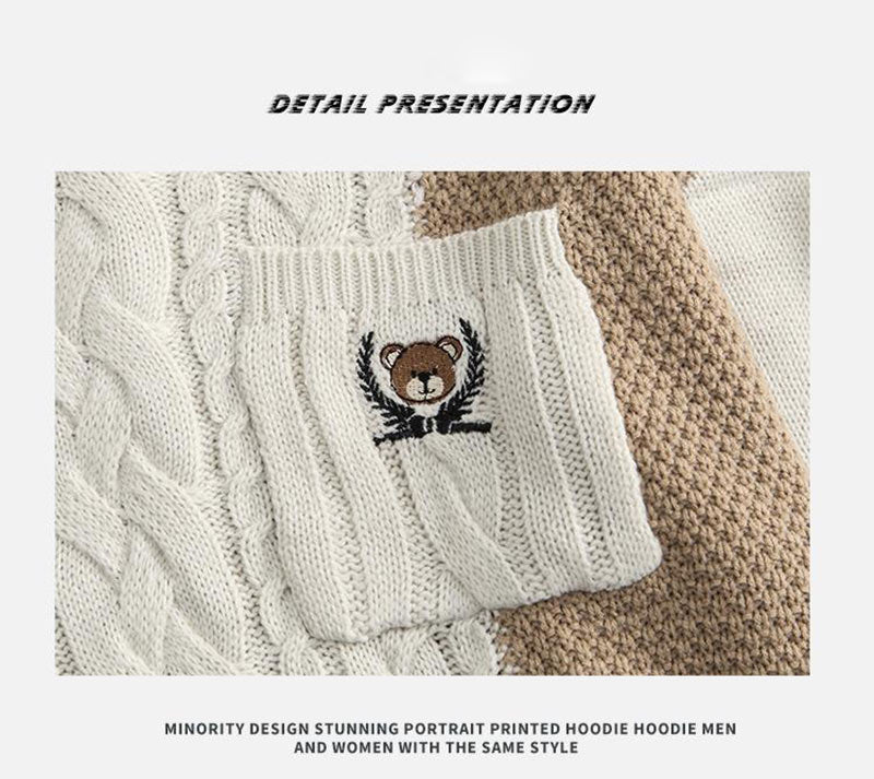 Bonsir Sweater Men Winter New Japanese Bear Embroidery Pocket Knit Pullovers Woman Vintage Hip Hop Streetwear Oversized Sweater