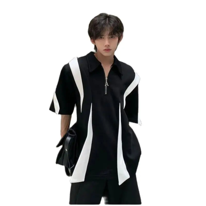 sanyamk - Summer High Street Men T-shirts Black White Contrast Patchwork Turn-down Collar Half Zipper Placket Short Sleeve Tops Tees Boys