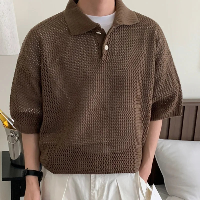 sanyamk - Simple Loose Men's T-shirts Knitting Casual Solid Color Lapel Short Sleeve Hollow Out Tops New Summer Simple 2024 9C6071