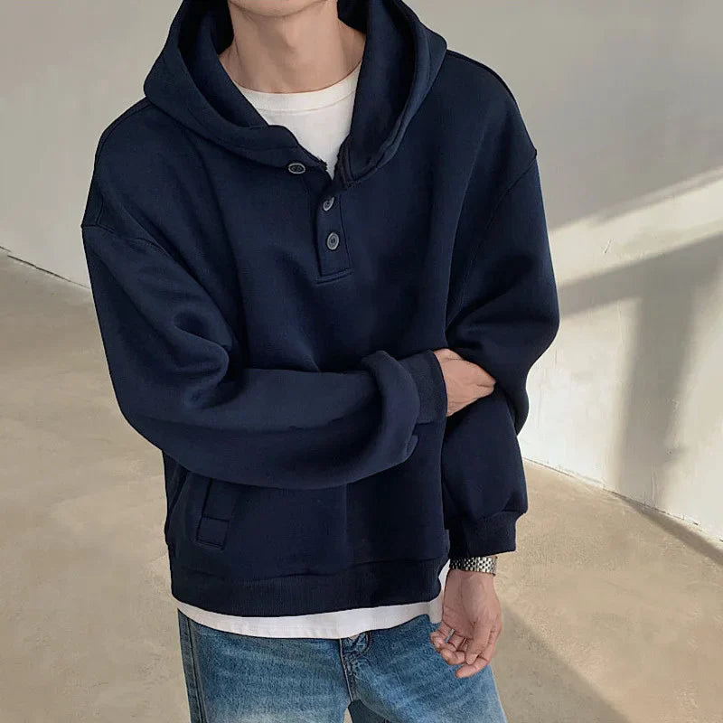 sanyamk - American Style Men's Sweatshirts Casual Button Design Hooded Solid Color Tops Loose Pullover Male Hoodies Autumn 9C8557