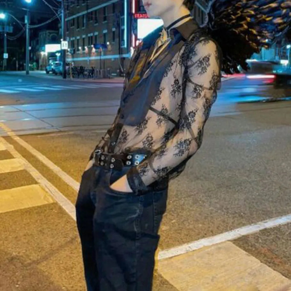 Bonsir Autumn Men's Sexy Lace See-through Nightclub Party Short Sleeve Shirt Retro Vampire Loose Top LGBT Shirt