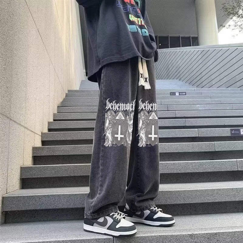 sanyamk Fashion Elastic Waist Printed Jeans Autumn Gothic High Street Causal Loose Drop Long Pants Men Trousers Male Clothes